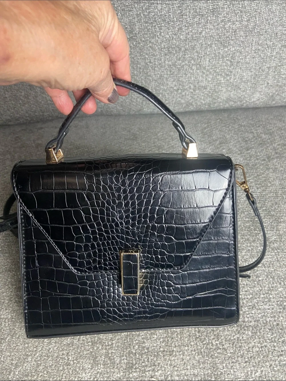 Madison West Black Croc-Embossed Top Handle Satchel with Strap